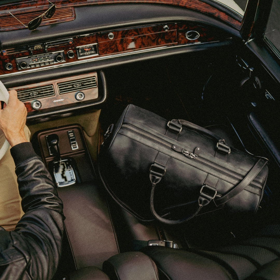 Jefferson Leather Duffle Bag in Black — full grain cow leather with dedicated shoe compartment