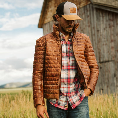 Authentic Buffalo Jackson Bridger Leather Down Jacket light brown lambskin at Mormon Row, Grand Teton — official Buffalo Jackson product photo