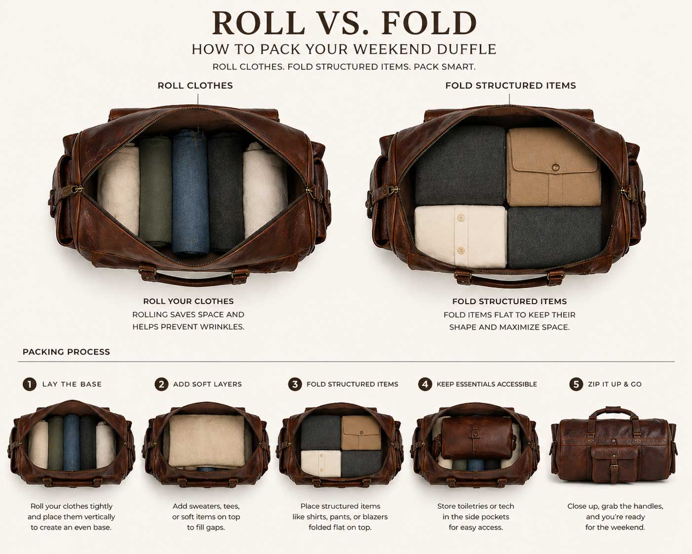 Roll vs. fold packing comparison — soft clothes rolled, structured items folded flat